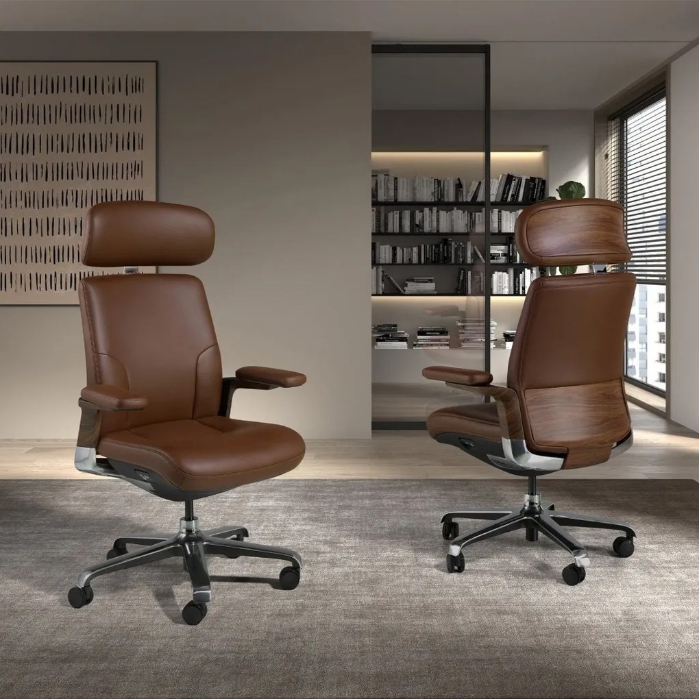 Scaun de birou modern piele sintetica si furnir de nuc Brown