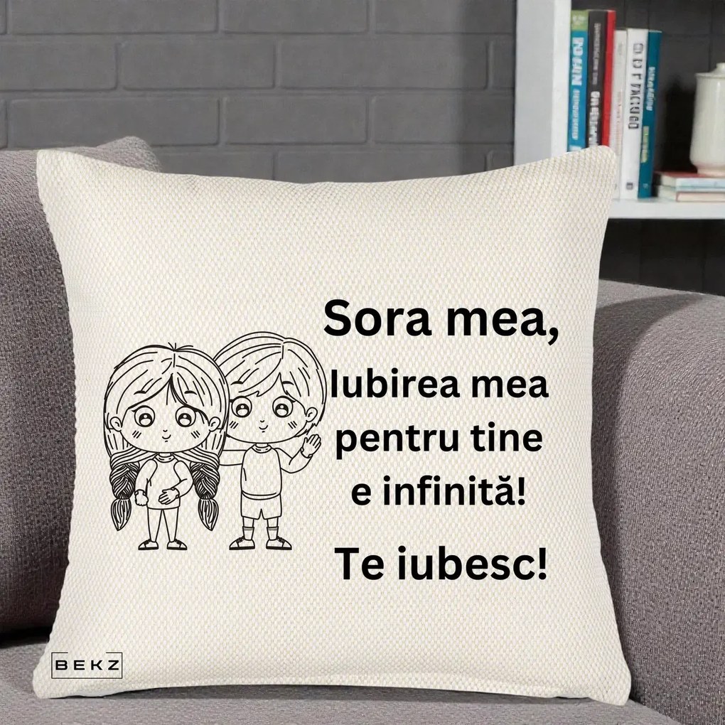 Cadou pentru Sora - Perna Personalizata Sora Mea Te Iubesc Copii Anime Line Art, 40x40 cm, Crem Reliefat, Husa Detasabila, Perna Inclusa, BEKZ®