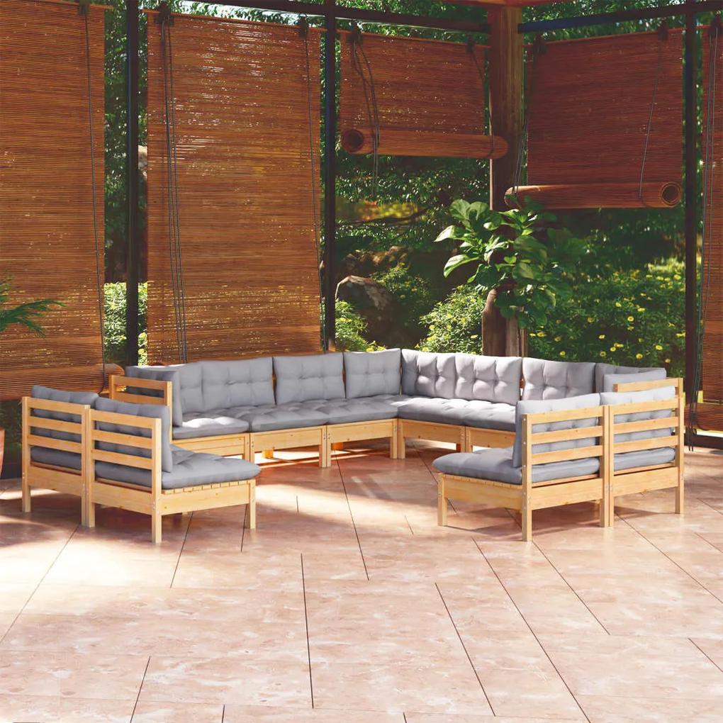 3096862 vidaXL Set mobilier grădină cu perne, 11 piese, gri, lemn masiv pin