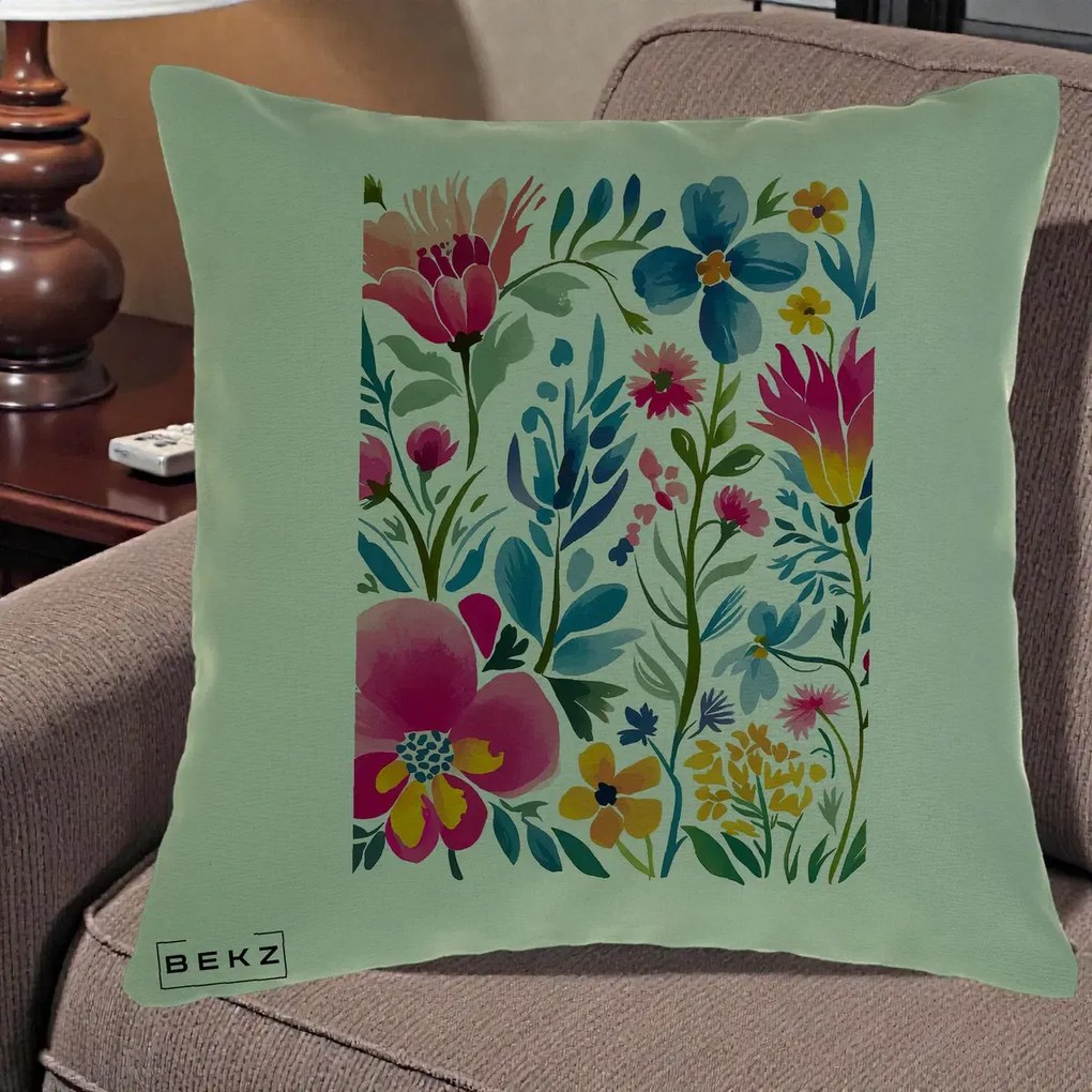 Perna decorativa cu flori: Gradina Florala Acuarela Colorata, 40x40 cm cu Umplutura, Verde, BEKZ