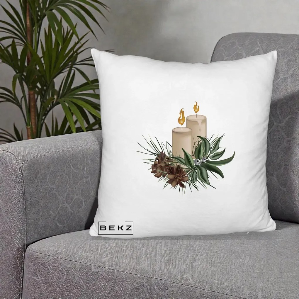 Perna Decorativa Lumanari cu Ilex si Conuri Ilustratie, 40x40 cm, Alb Pufos, Husa Detasabila, Perna Inclusa, BEKZ®
