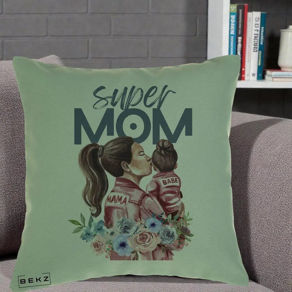 Cadou pentru Mama - Perna Personalizata Super Mom Mama cu Bebelusul, 40x40 cm, Verde, Husa Detasabila, Perna Inclusa, BEKZ®
