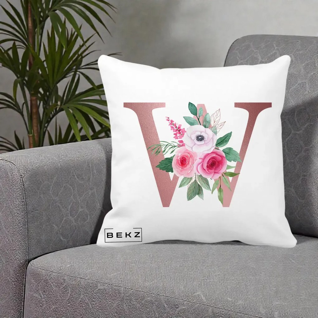 Cadou Personalizat - Perna Personalizata Monograma Rose Gold Litera W cu Trandafiri si Anemona, 40x40 cm, Alba Mata, Husa Detasabila, Perna Inclusa, BEKZ®