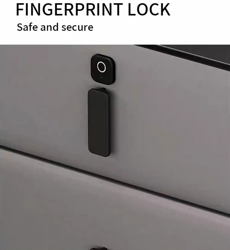 RESIGILAT- Noptieră inteligentă multifuncțională, 3 sertare, blocare cu amprentă, LED-uri tactile, 3 tipuri de culoare, încărcare fără fir, Difuzor Bluetooth, incarcare USB, sticla securizata, Gri