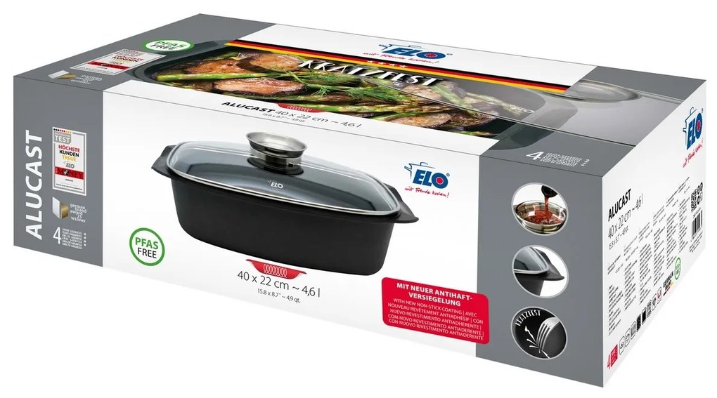 Elo 84932 Tavă de copt cu capac din sticlă șimâner cu aromă Alucast 40 x 22 cm