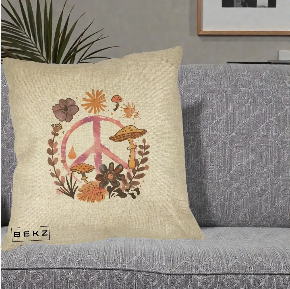 Perna Decorativa Peace Ciuperci Boho, 40x40 cm, Crem, Husa Detasabila, Perna Inclusa, BEKZ®