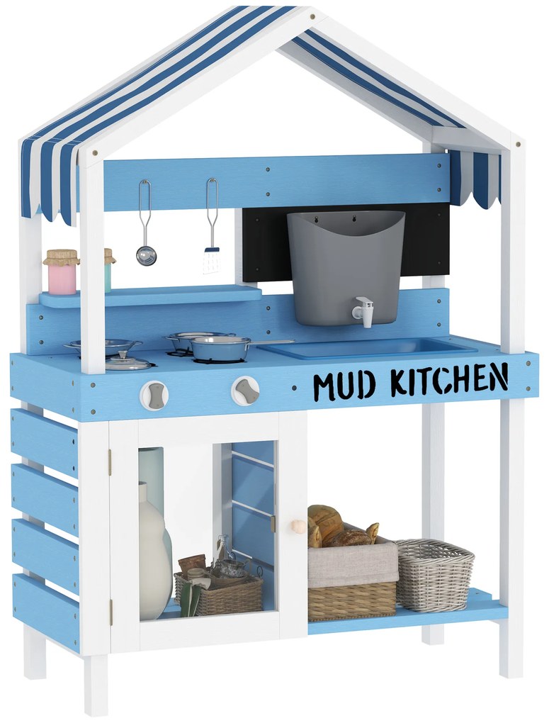 Bucătărie de exterior AIYAPLAY pentru copii cu acoperiș de soare, set de ustensile de bucătărie, lemn masiv, albastru | Aosom Romania