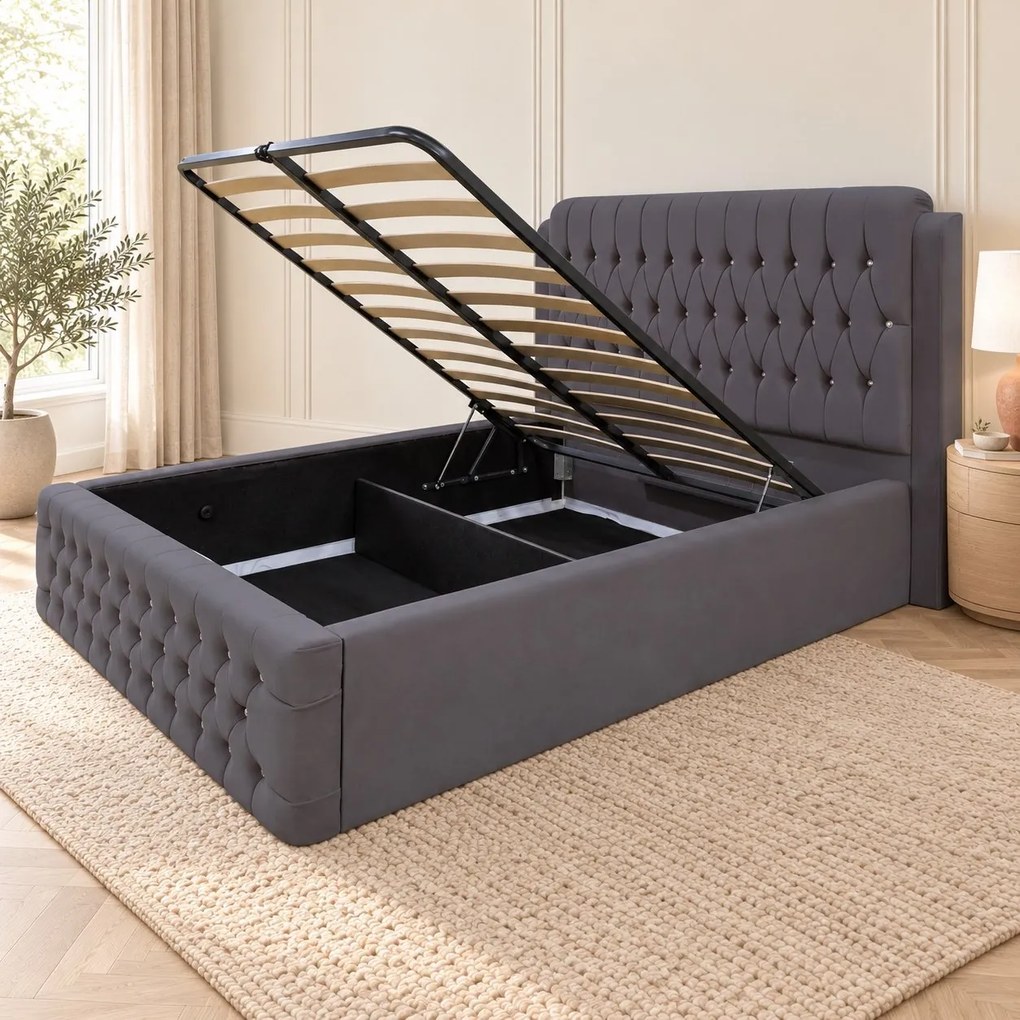 Pat tapițat Chesterfield din catifea Aveline Deluxe 160×200 cm, gri închis, cu ladă de depozitare
