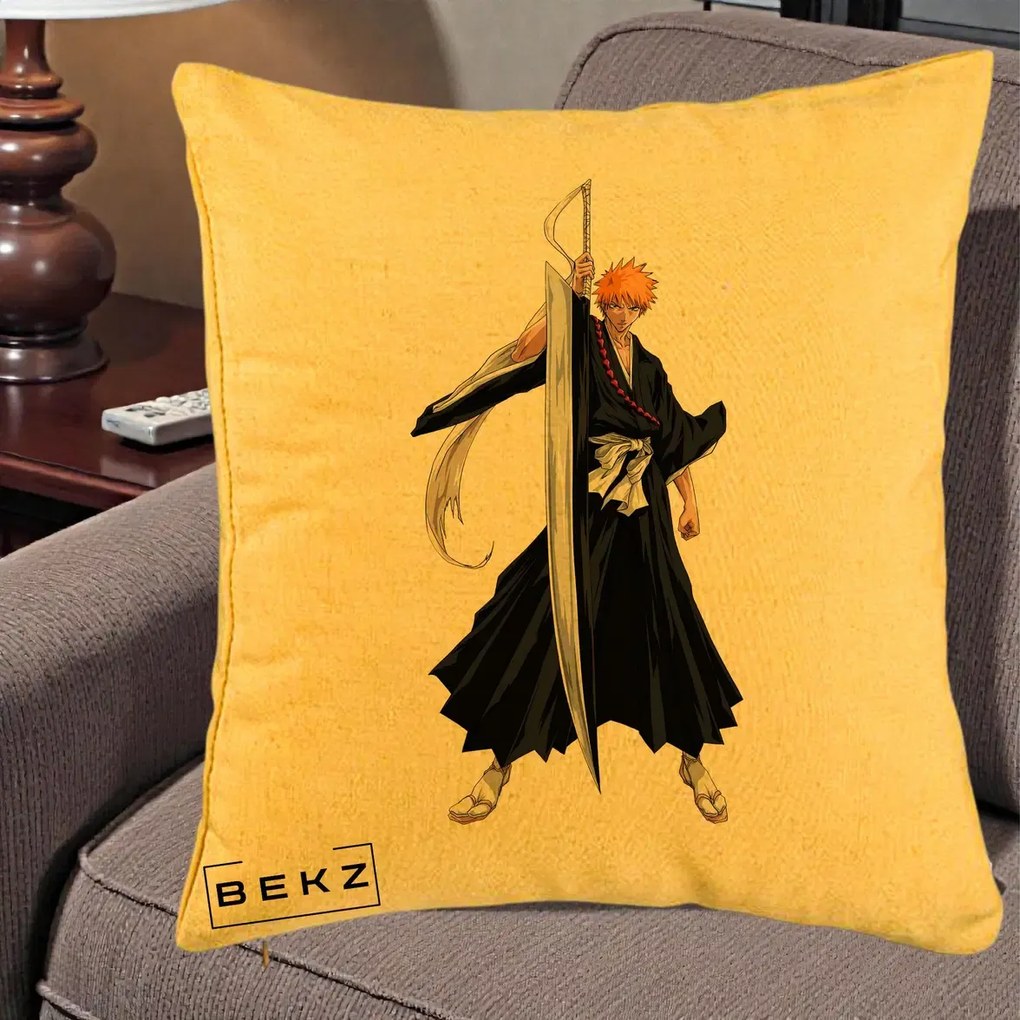 Perna Personalizata Bleach Ichigo Kurosaki Zangetsu, 40x40 cm, Galben, Husa Detasabila, Perna Inclusa, BEKZ®