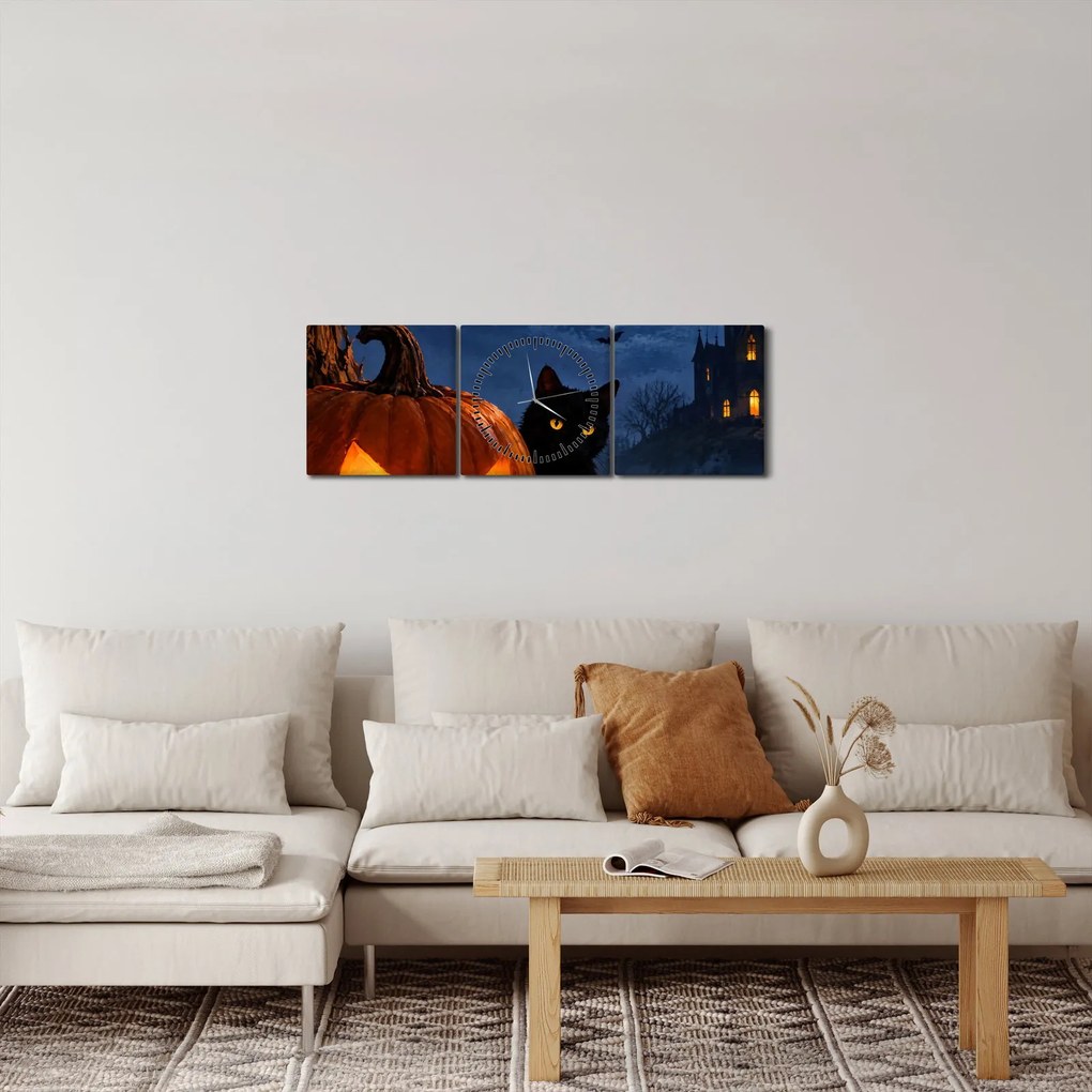 Tablou - Pisică neagră lângă un dovleac luminat de Halloween (cu ceas) (90x30 cm)