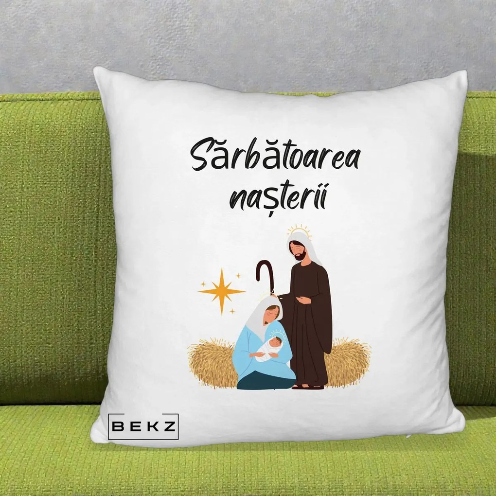 Perna Decorativa Nasterea Domnului Sfanta Familie Sarbatoarea Nasterii, 40x40 cm, Alb Pufos, Husa Detasabila, Perna Inclusa, BEKZ®