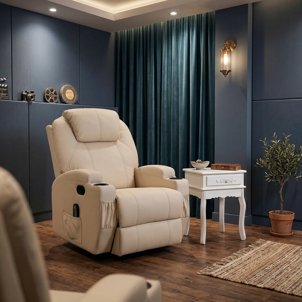 Fotoliu Relax HOMCOM pentru masaj cu 8 puncte, 5 modalitati si 2 intensitati, inclinabil si rotativ, 84x92x109cm, Crem | Aosom RO