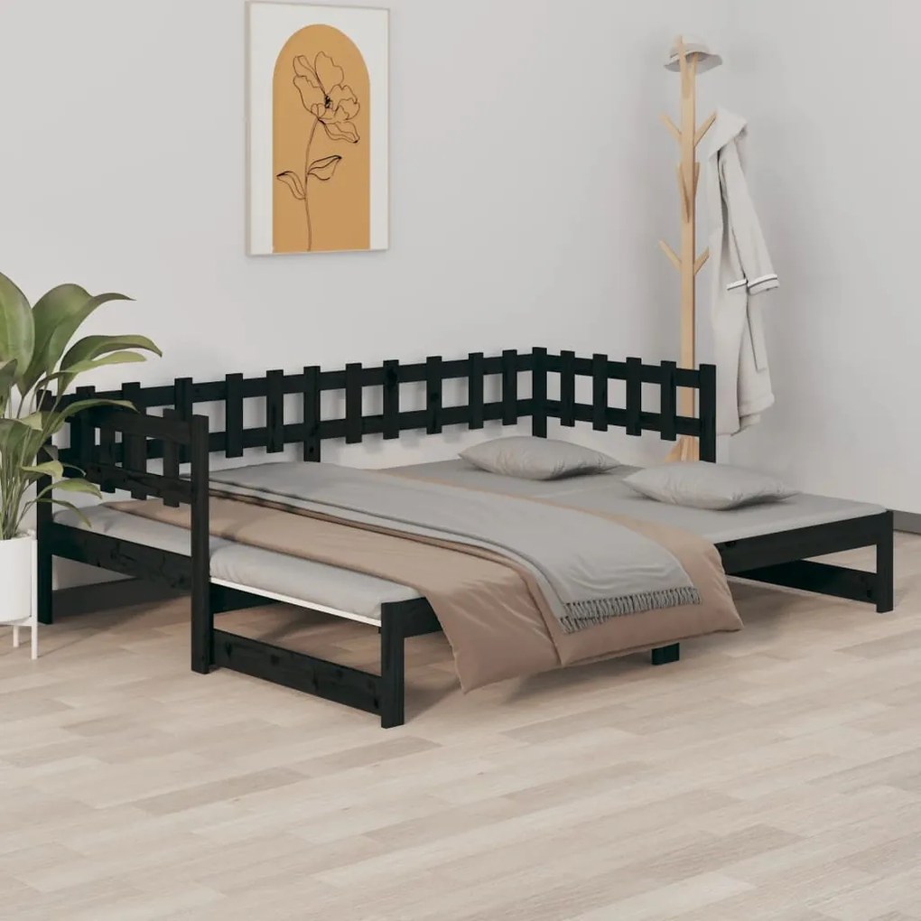820780 vidaXL Pat de zi extensibil, negru, 2x(90x190) cm, lemn masiv de pin