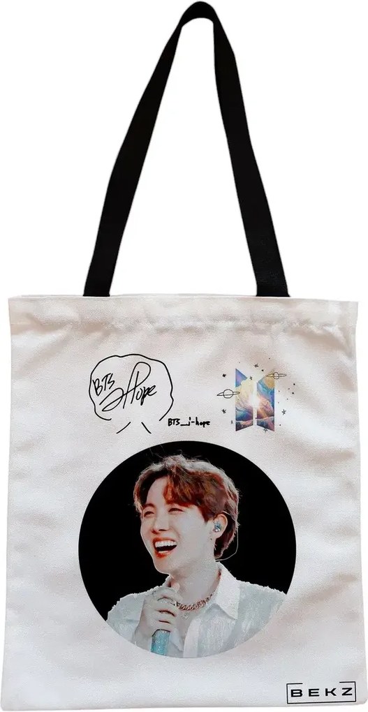 Sacosa de Panza pentru Cumparaturi, Geanta Tote, model BTS J-Hope, Cu fermoar, 38x34.5 cm, Alba, BEKZ®
