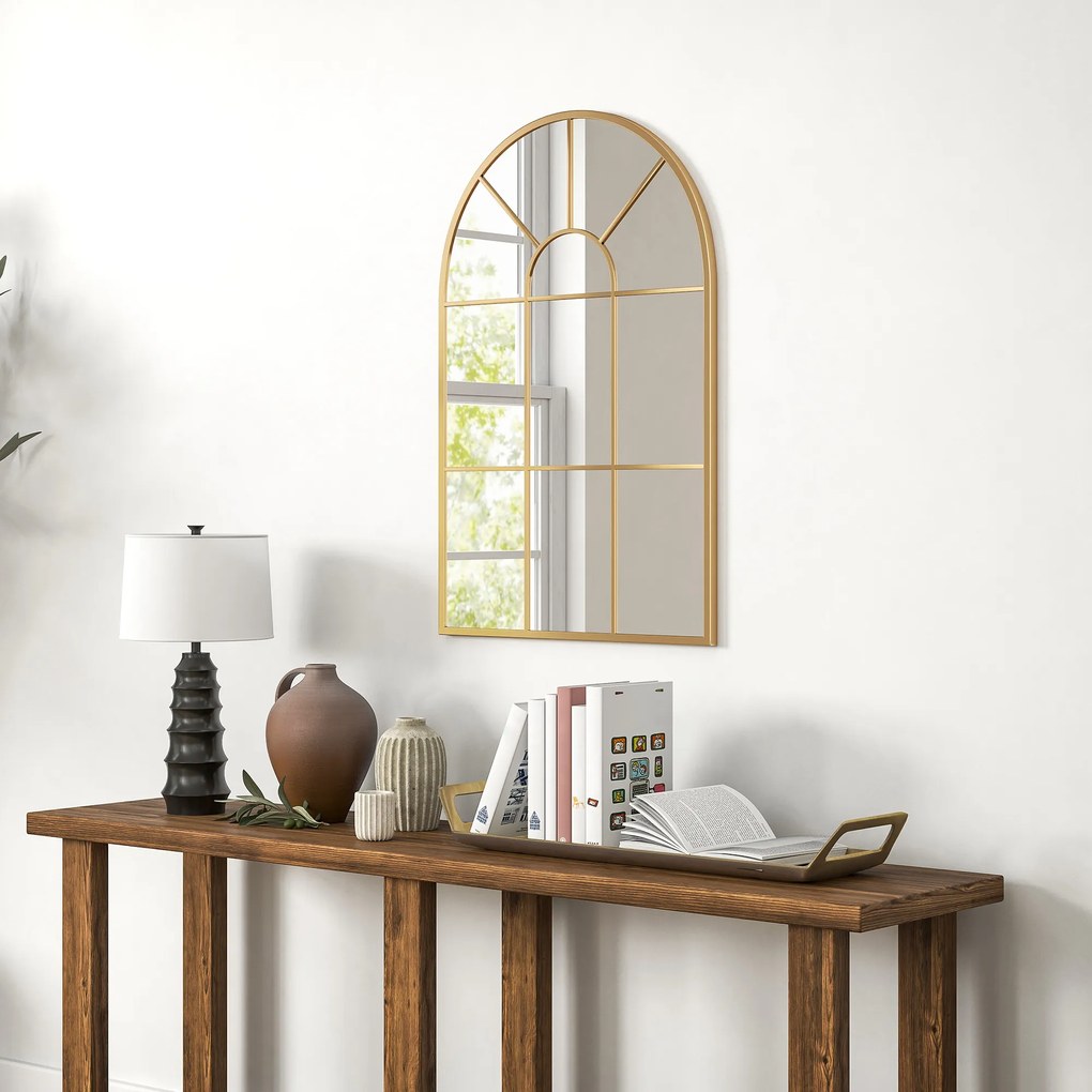 HOMCOM Oglindă de Perete Modernă în Formă de Arc cu Ramă și Cârlige, pentru Sufragerie și Hol, 91x60 cm, Auriu | Aosom Romania