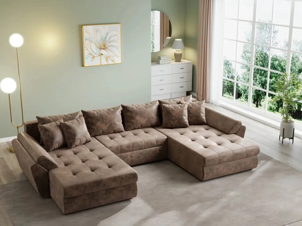 Colțar extensibil dumonde cu ladă de depozitare si sezut confortabil din spuma high-density, Loana U Madagaskar Brown 355x185 cm