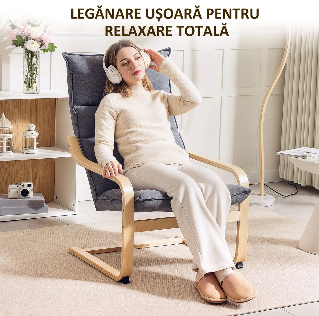HOMCOM Fotoliu Balansoar Modern cu Brațe din Lemn și Perne Groase din Catifea, 67x83x105 cm, Gri | Aosom Romania
