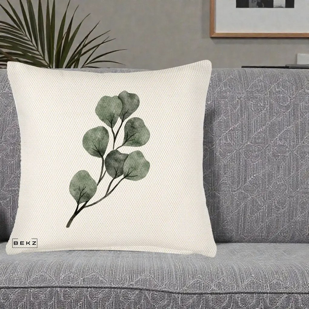 Perna Decorativa Ramura Eucalipt Acuarela, 40x40 cm, Crem Reliefat, Husa Detasabila, Perna Inclusa, BEKZ®