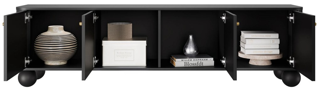 Comodă TV Vesper 4D 187 cm - negru / mânere aurii / picioare sferice