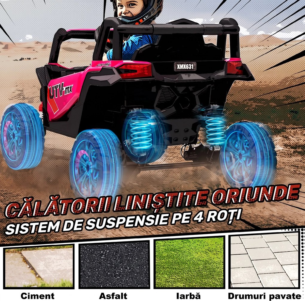 AIYAPLAY Mașină Electrică UTV pentru Copii 12V cu Centură, Telecomandă, Suspensii, USB, 3-7 km/h, 3-5 Ani, Roz | Aosom Romania