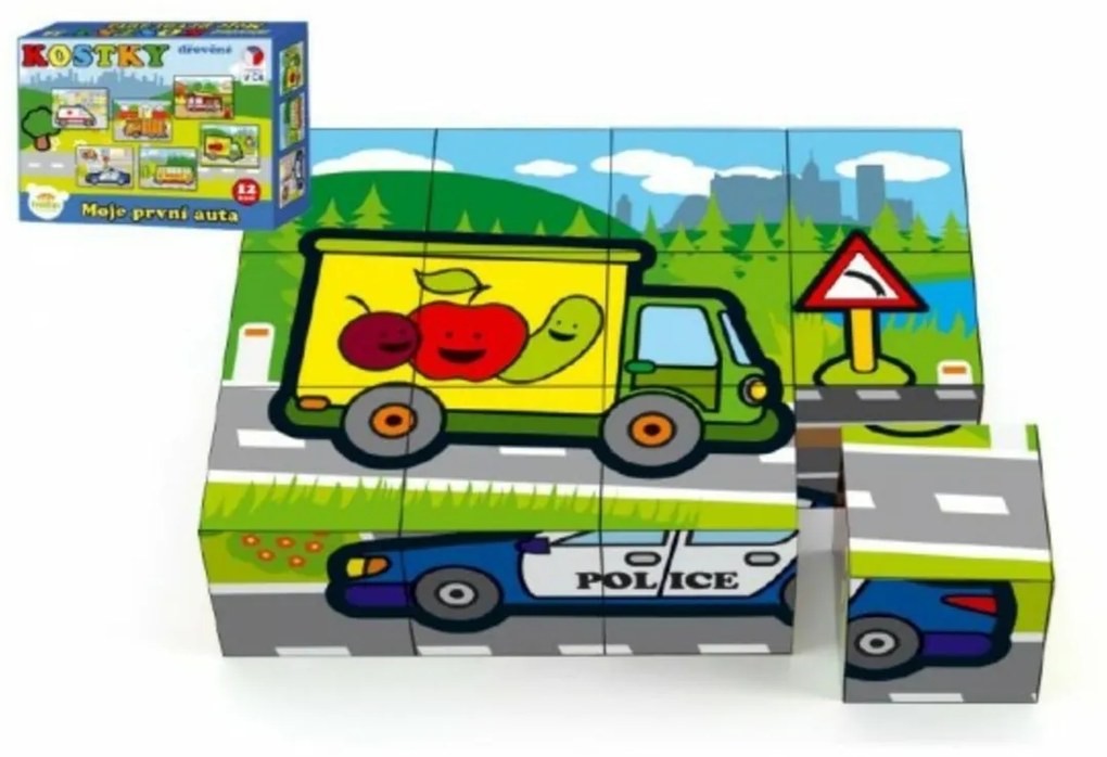 Pătrate kubus din lemn Prima mea cars 12ks într-o cutie 17x12,5x4cm MPZ