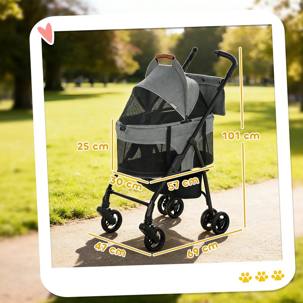 PawHut Cărucior pentru câini Cărucior 3 în 1 detașabil pliabil cu cușetă amovibilă și fără fermoar suspensie Gri | Aosom Romania