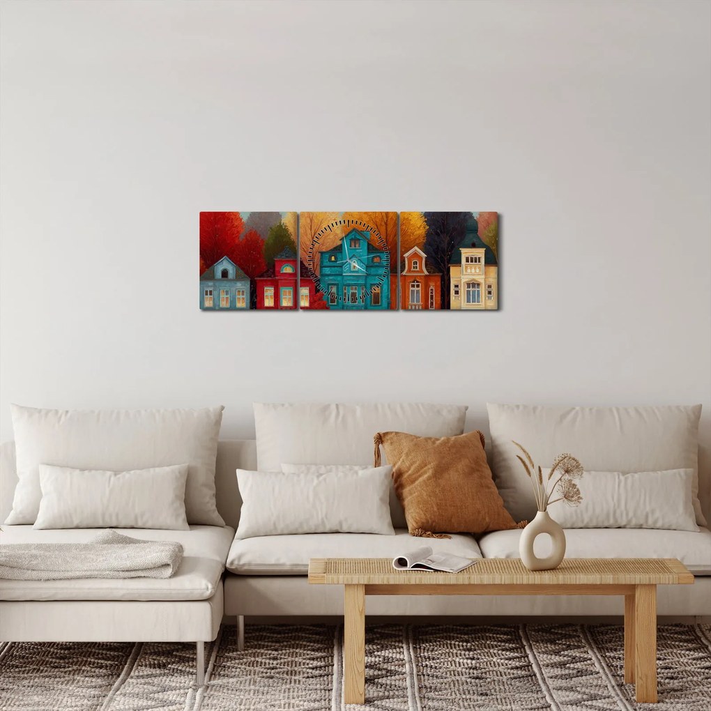 Tablou - Oraș de toamnă pictat (cu ceas) (90x30 cm)