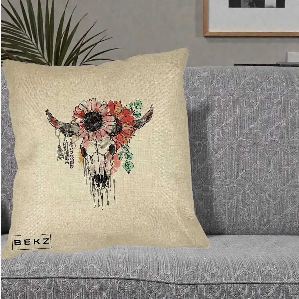 Perna Decorativa Craniu Boho Floral, 40x40 cm, Crem, Husa Detasabila, Perna Inclusa, BEKZ®