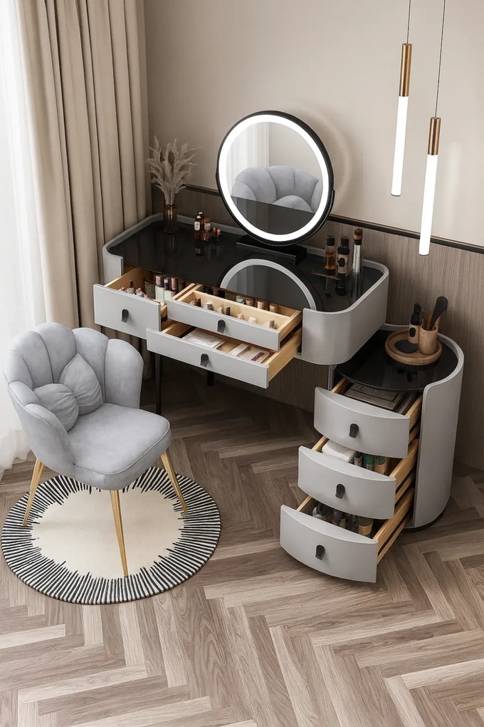 Set Lucia, Masă de toaletă pentru machiaj cu oglindă iluminată LED, control touch, 6 sertare, comoda, scaun, Gri