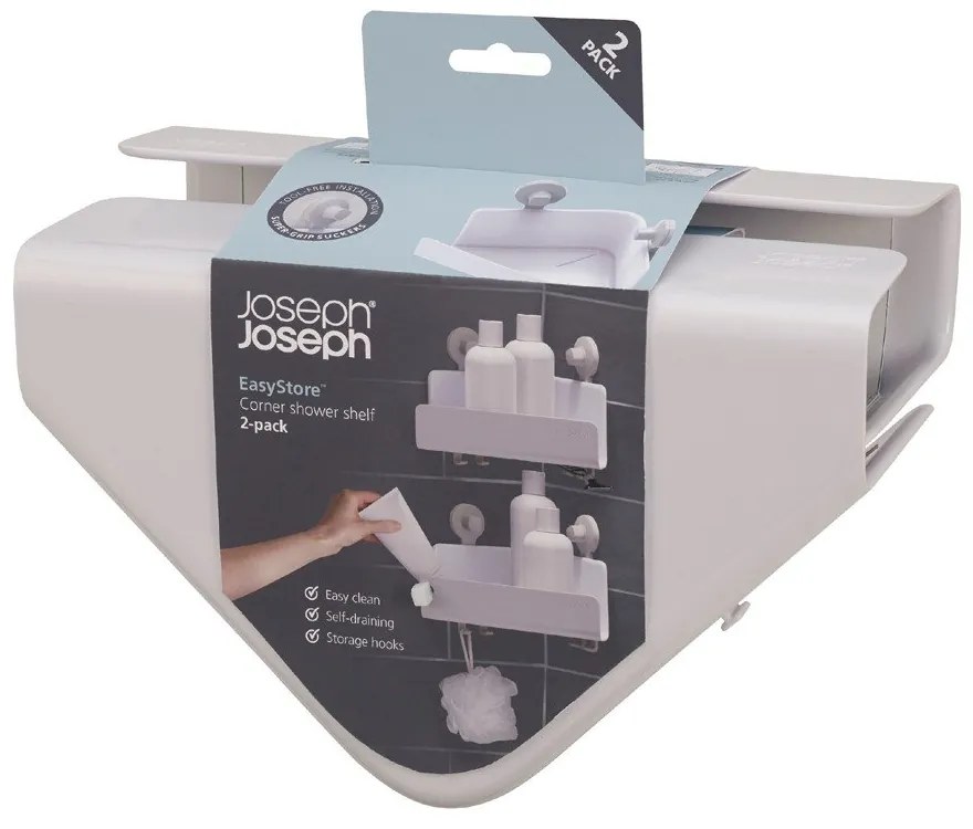 Set 2 rafturi pentru baie albe de colț autoadezive din plastic EasyStore - Joseph Joseph