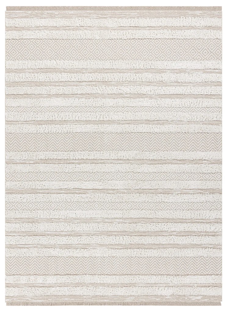 Covor ECO SISAL MOROC 22329 zigzag, linii boho franjuri - structural bej / cremă