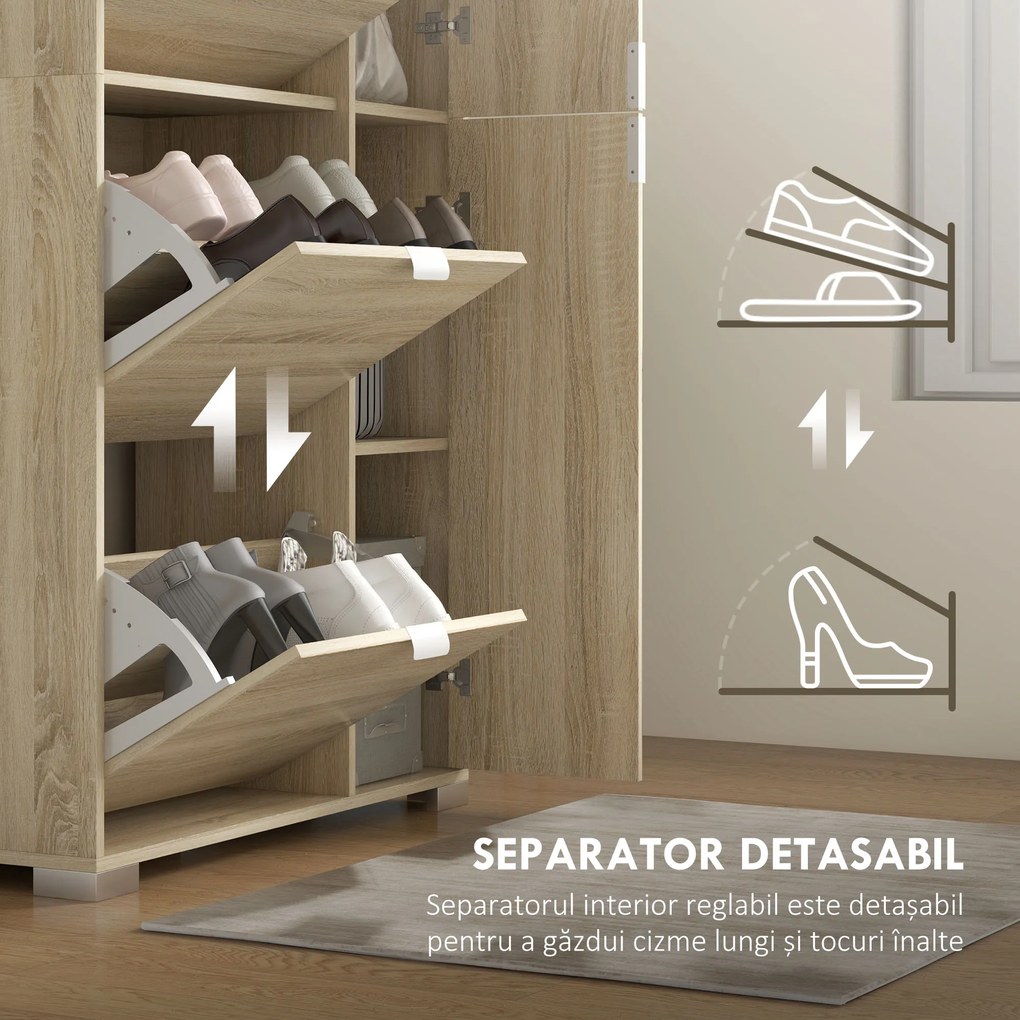 HOMCOM Etajeră pentru Pantofi cu Oglindă, 4 Sertare Rabatabile și 2 Dulapuri, 82x30x168 cm, Culoare Stejar | Aosom Romania