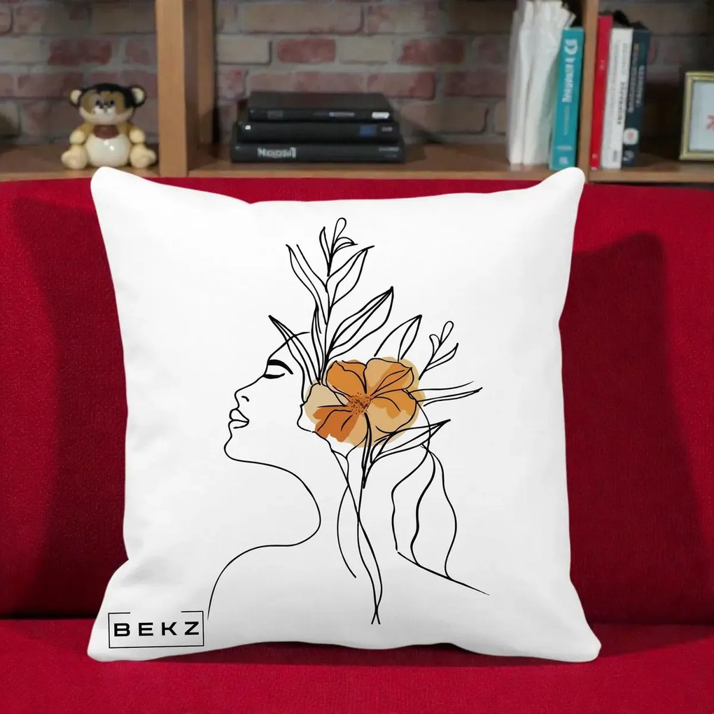 Perna Decorativa Portret Feminin Floare Portocalie Lateral, 40x40 cm, Alba Mata, Husa Detasabila, Perna Inclusa, BEKZ®