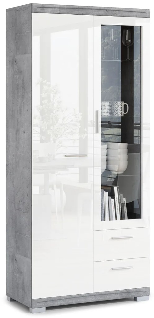 Mazzoni Comodă înaltă SIMPLE KWD2SZ2 Beton Millennium/Alb Luciu - VITRINĂ LIVING DULAP CU RAFTURI