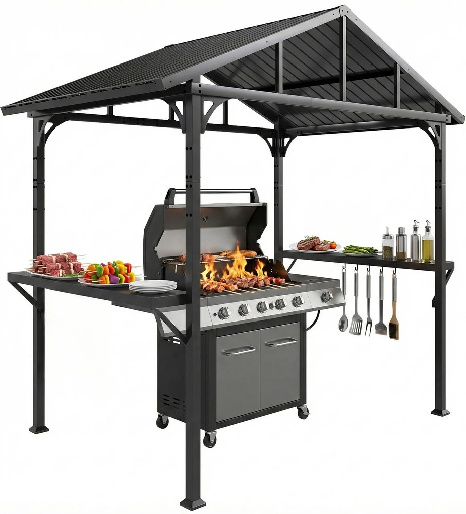 Outsunny Pavilion pentru grătar 2,52 x 1,56 m, pavilion impermeabil cu acoperiș în două ape, poliță laterală, cârlige, cadru din oțel, Negru | Aosom Romania