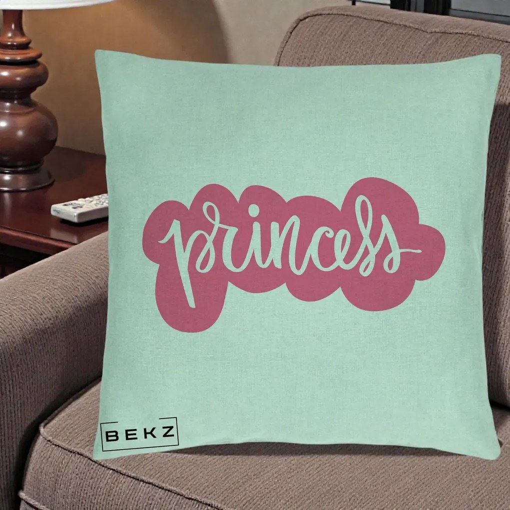 Perna Decorativa Princess Text Roz, 40x40 cm, Verde Menta, Husa Detasabila, Perna Inclusa, BEKZ®