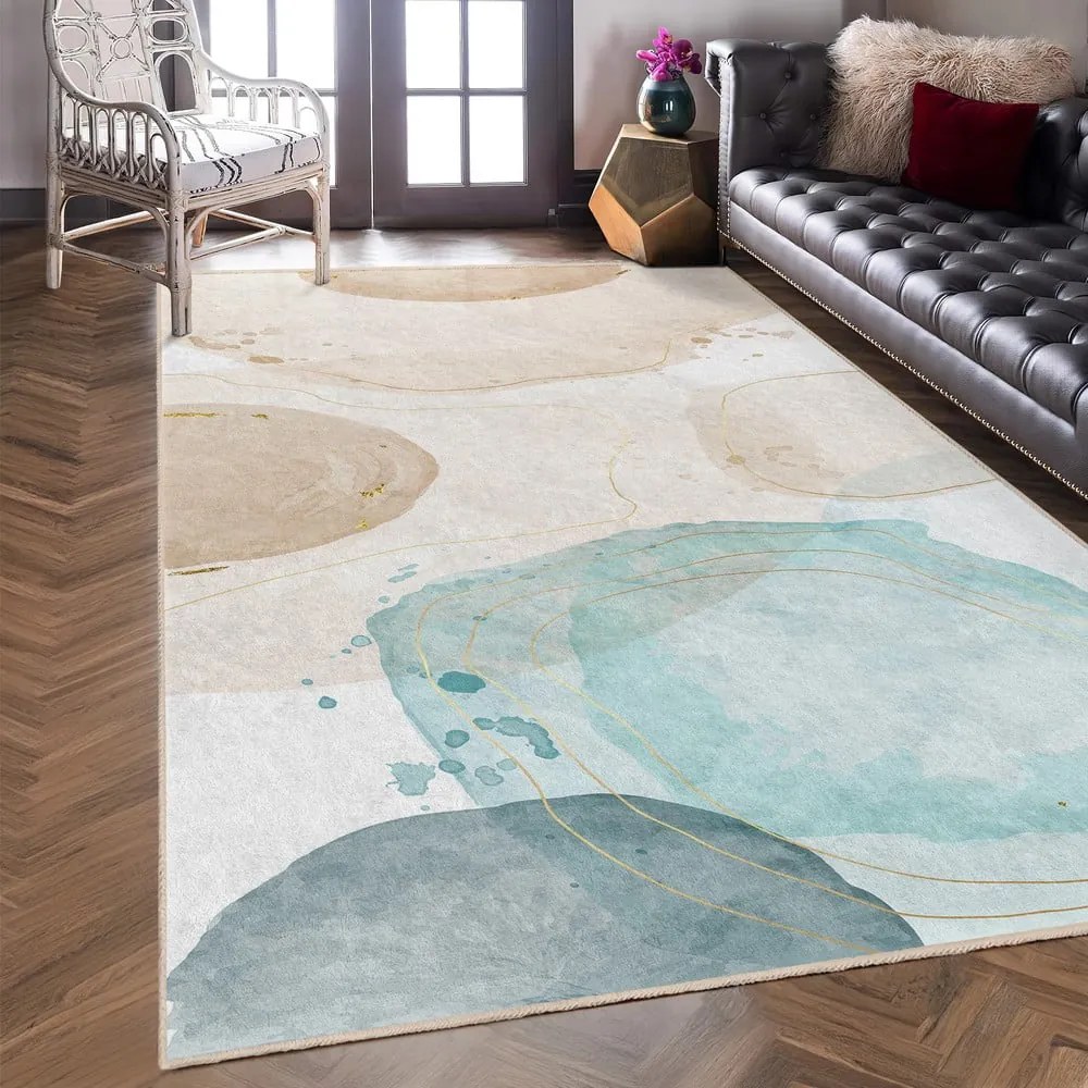 Covor tip traversă crem/turcoaz lavabil 80x200 cm Puddle – Mila Home