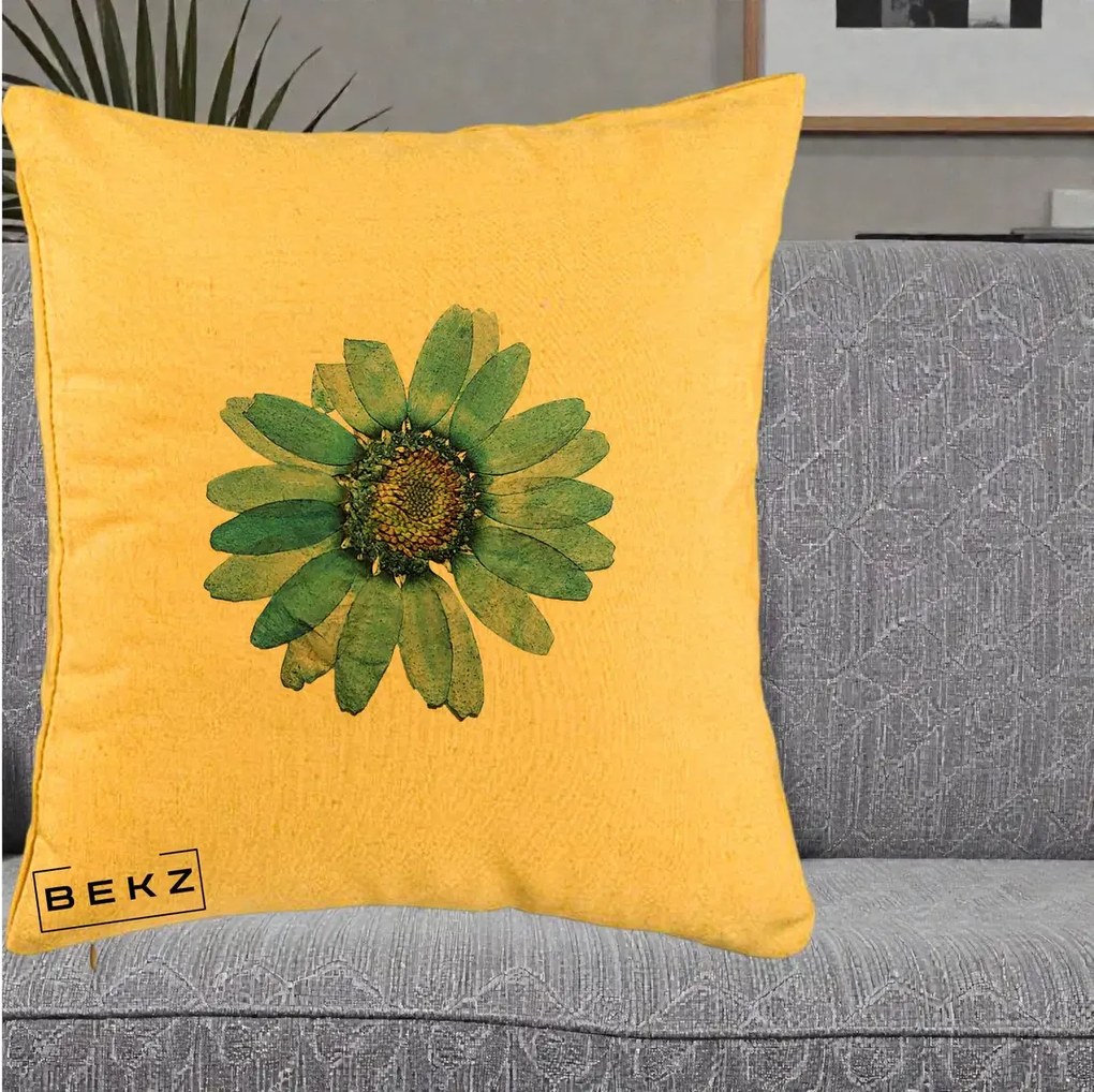 Perna Decorativa Floare Margareta Albastra Acuarela, 40x40 cm, Galben, Husa Detasabila, Perna Inclusa, BEKZ®