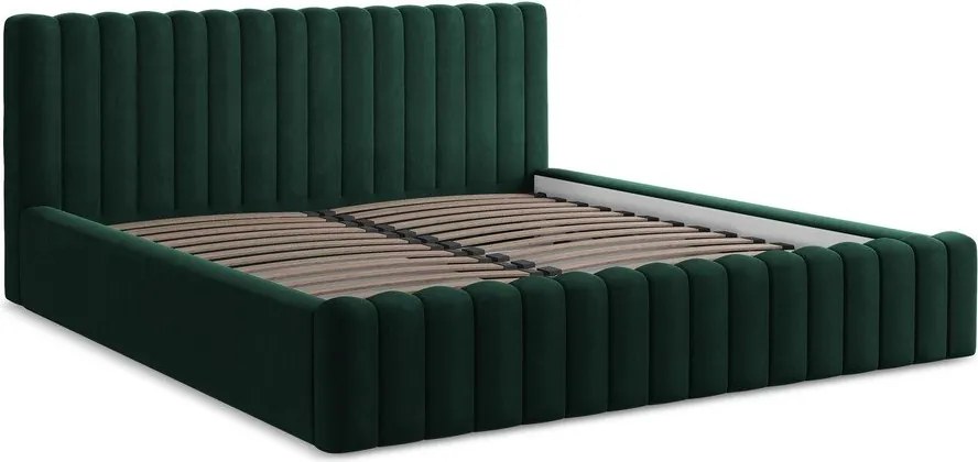 Pat matrimonial verde închis tapițat cu spațiu de depozitare cu somieră 180x200 cm Lemi – Makamii
