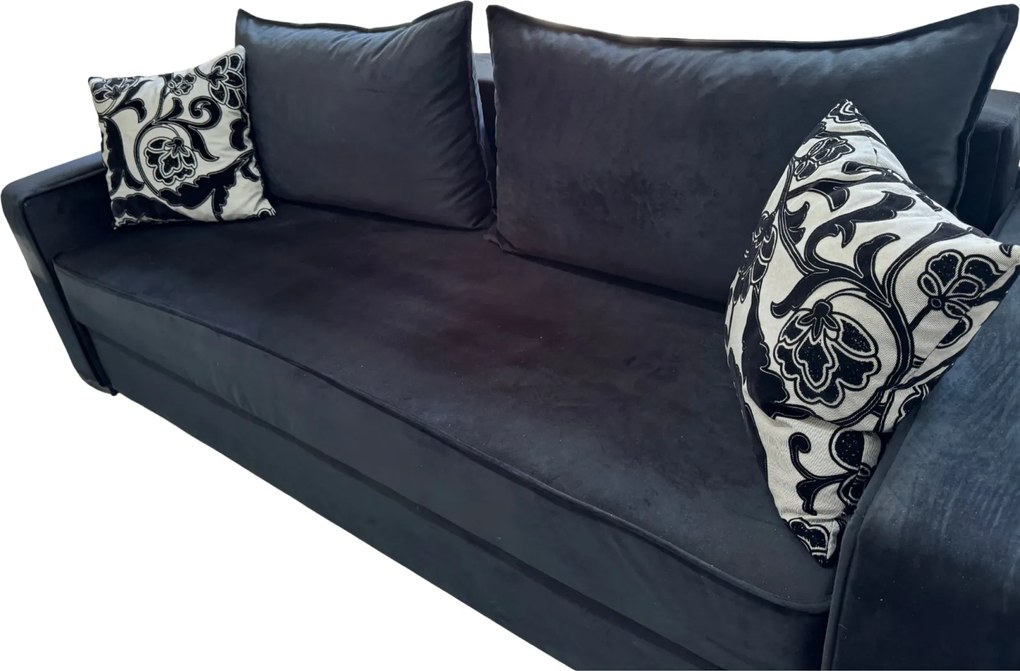Canapea LARISA extensibila, 3 locuri, lada de depozitare , catifea negru, 220x95x85 Negru, Catifea