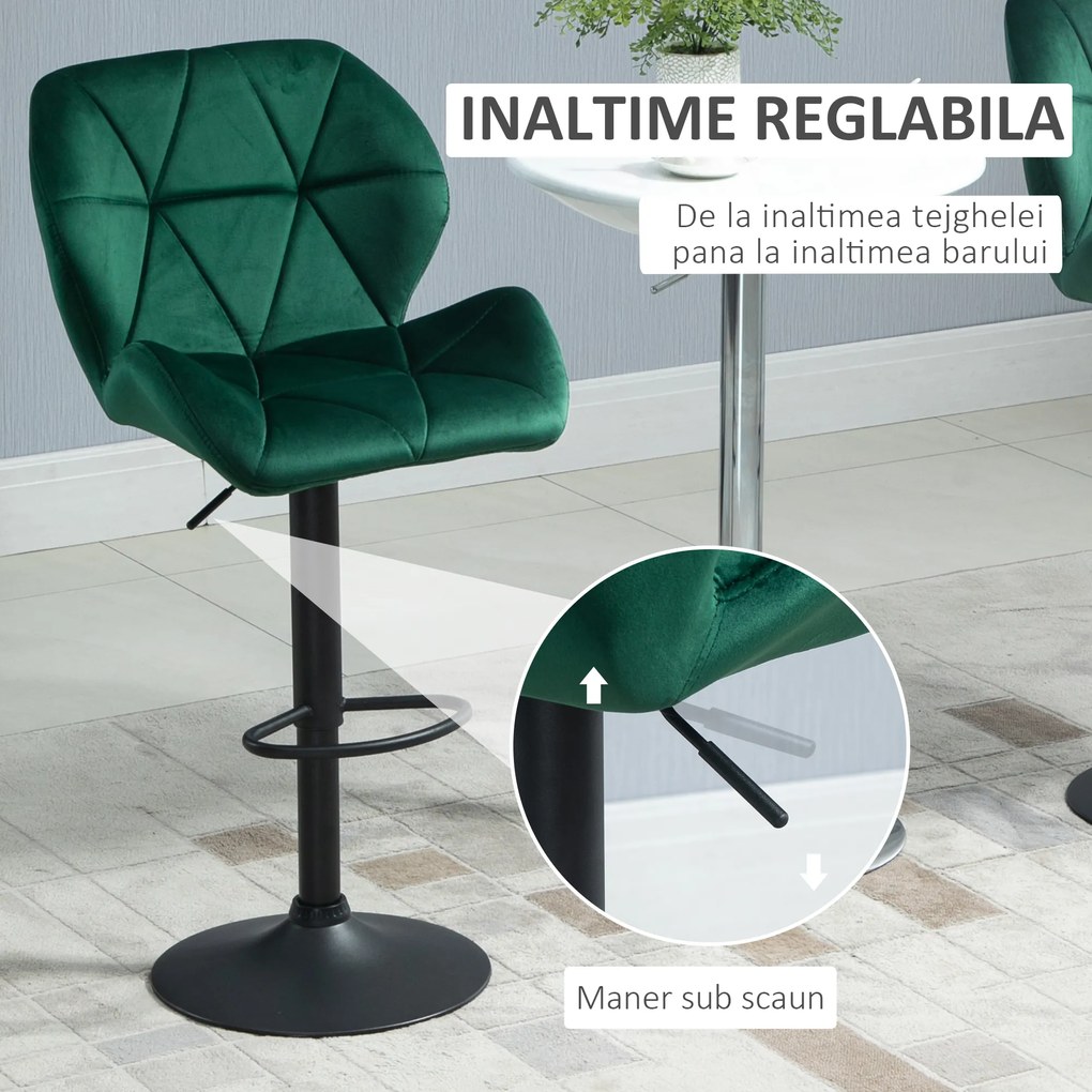 HOMCOM Set 2 Scaune de Bar cu Înălțime Reglabilă, Bază Metalică și Șezut din Catifea, 46x48x83-104 cm, Verde | Aosom Romania