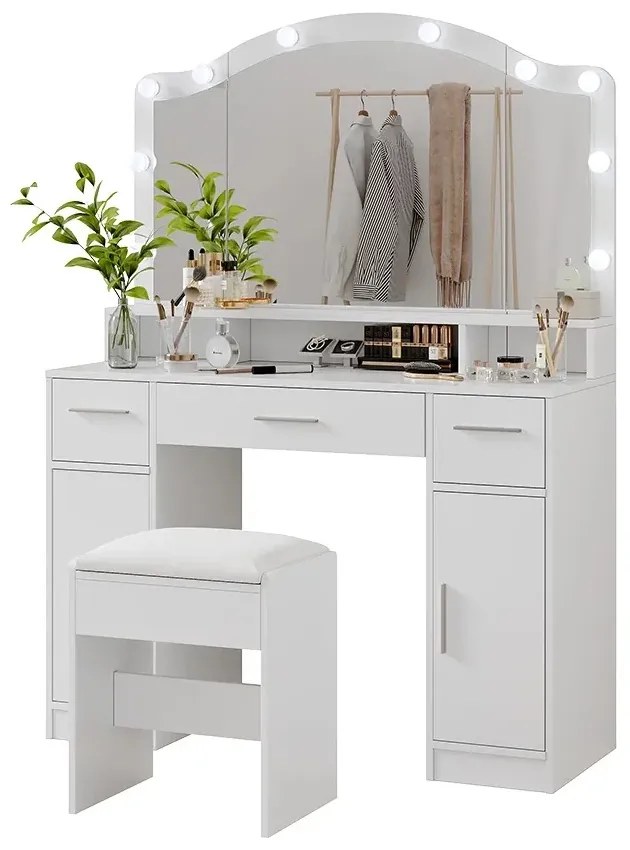 SEA809 - Set Masa toaleta 110 cm, cosmetica, machiaj, oglinda cu LED, masuta vanity cu scaun tapitat - Alb