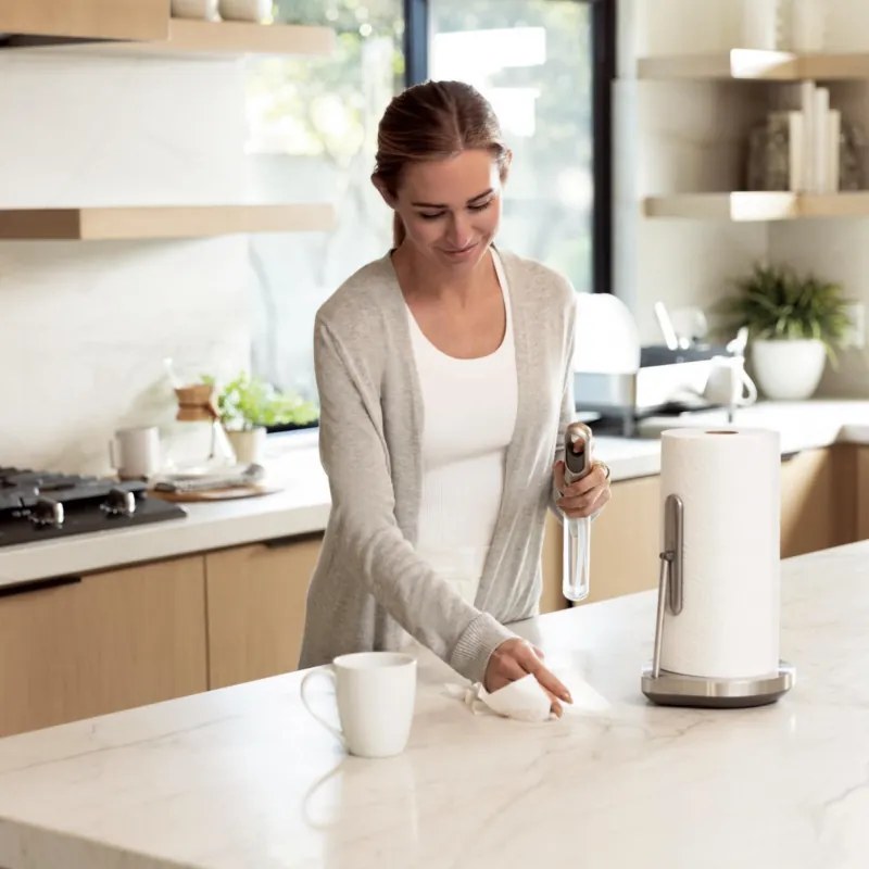 Suport pentru hârtie de bucătărie cu pulverizator de suprafață integrat SimpleHuman KT1196, 177 ml, 20.3x17.8x38.1 cm, Matte Inox