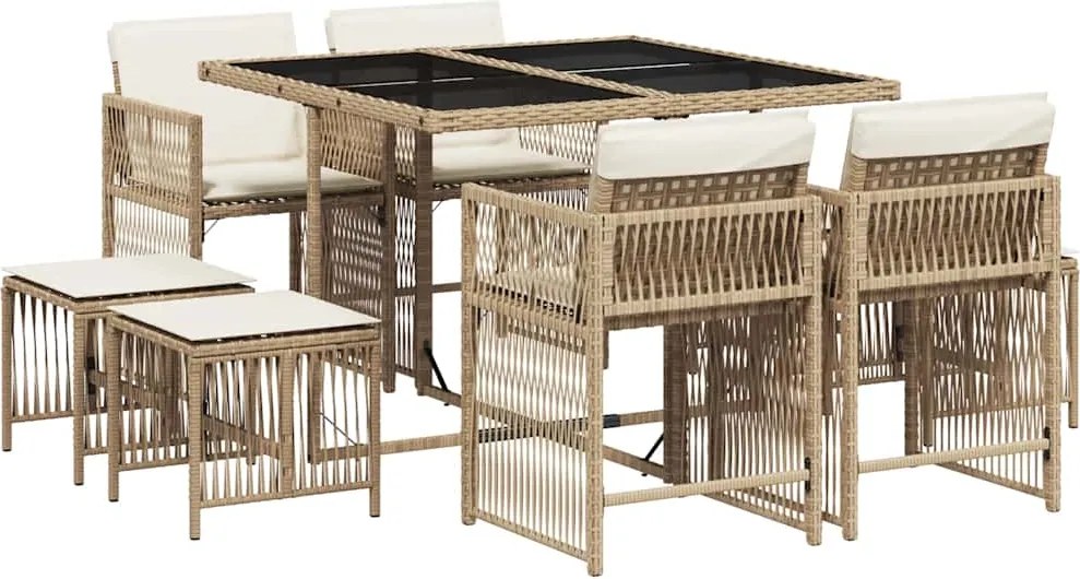 vidaXL Set de masă pentru grădină, 9 piese, cu perne, bej, poliratan