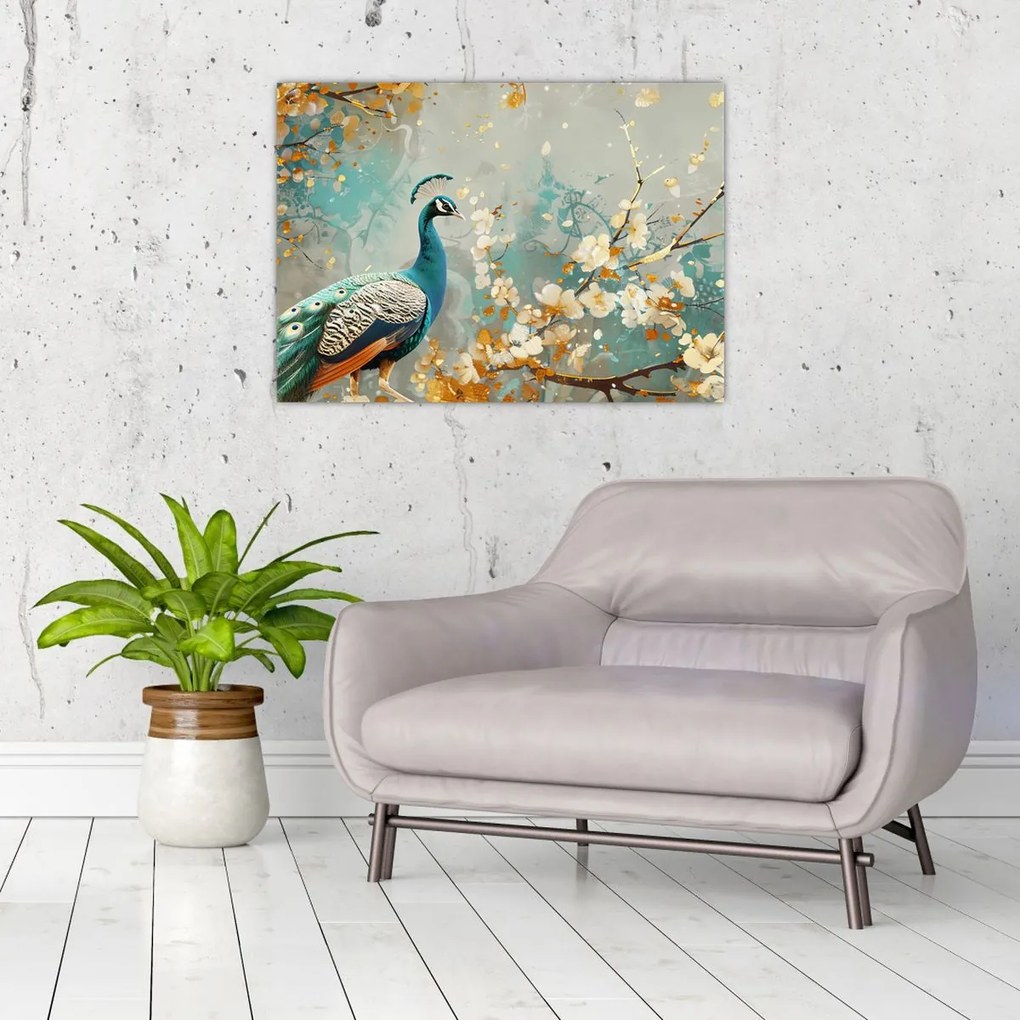 Tablou pe sticlă - Păun cu decor de aur (70x50 cm)