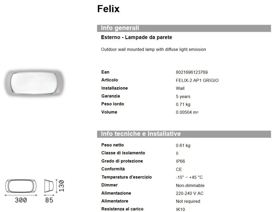 Aplica de perete exterior IP66 FELIX-2 AP1 GRIGIO
