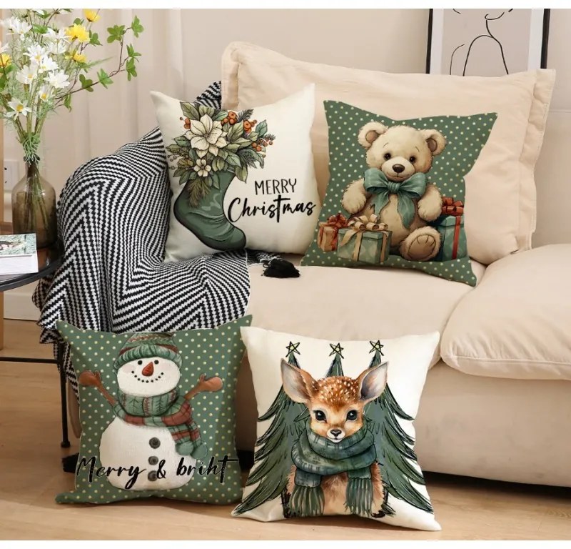 Husa de perna de Craciun FAWN WITH TREES 45x45 cm, crem