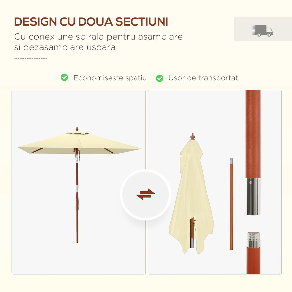 Outsunny Umbrelă de Grădină Înclinabilă cu Sistem cu Șnur și Orificiu de Ventilație, 200x150x235 cm, Bej | Aosom Romania