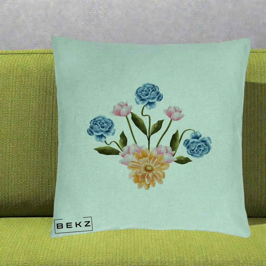 Perna Decorativa Buchet Primavara Acuarela, 40x40 cm, Verde Menta, Husa Detasabila, Perna Inclusa, BEKZ®