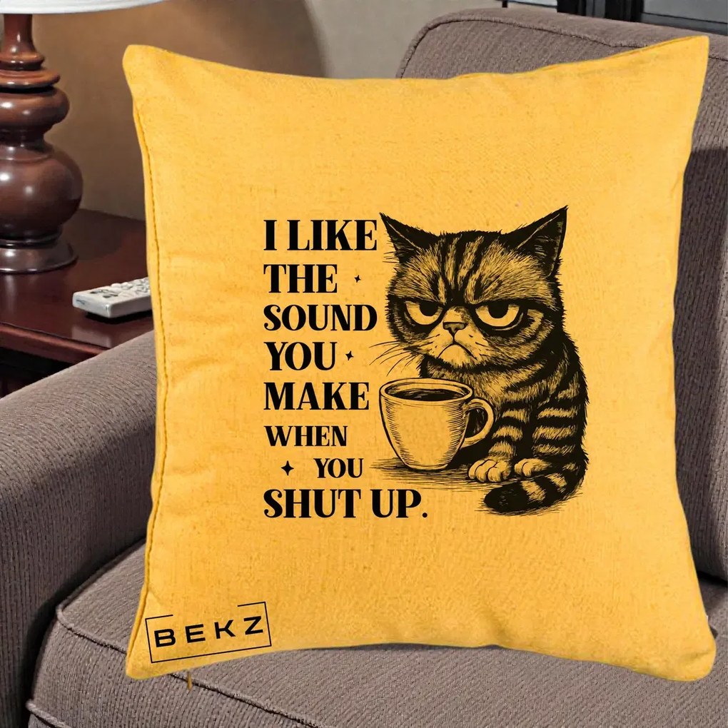 Perna Decorativa I Like the Sound You Make Pisica, 40x40 cm, Galben, Husa Detasabila, Perna Inclusa, BEKZ®